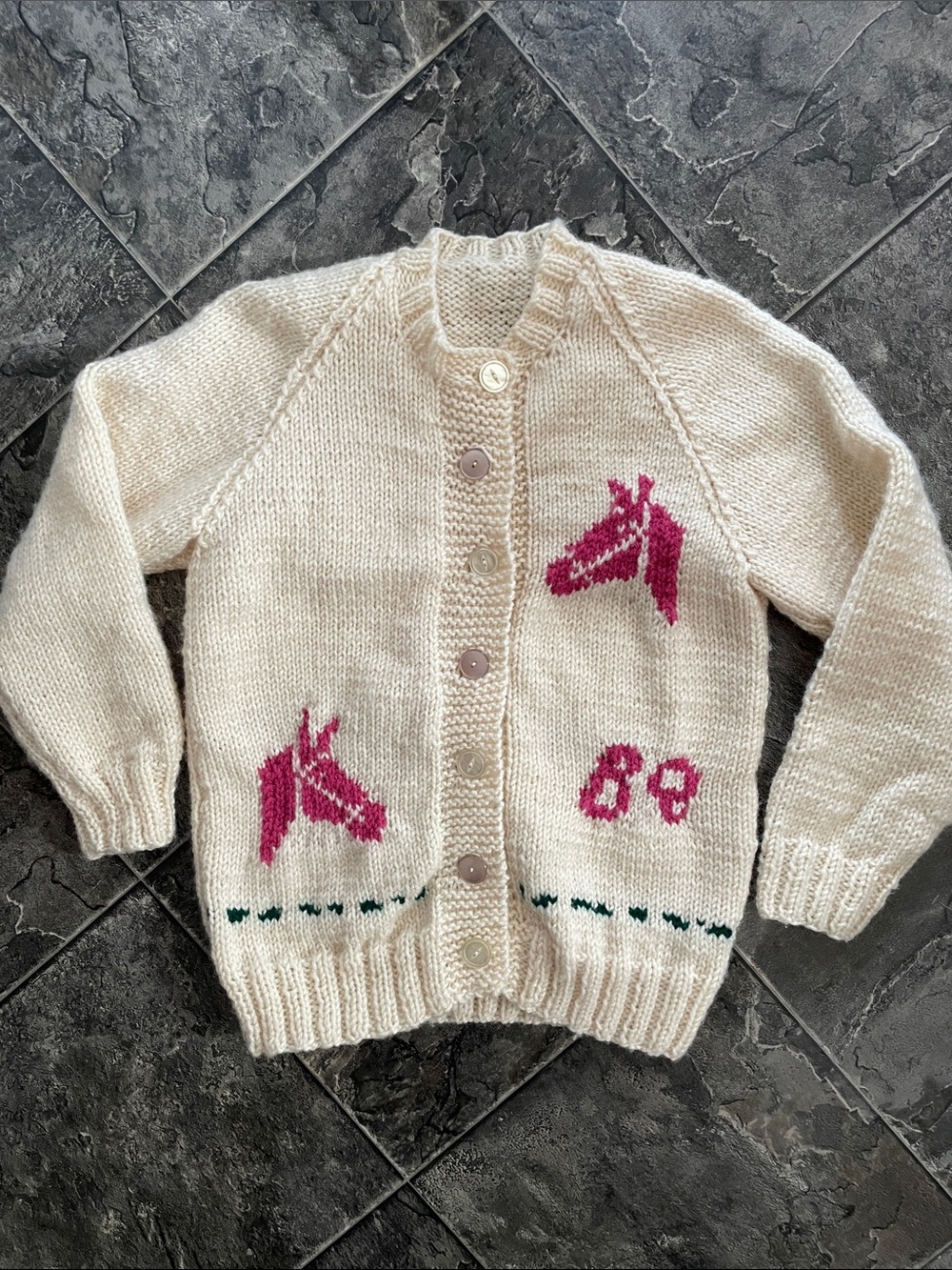 HANDMADE Cream Kids Knit Pink Horse Unicorn Motif Cottagecore Girlhood Cardigan